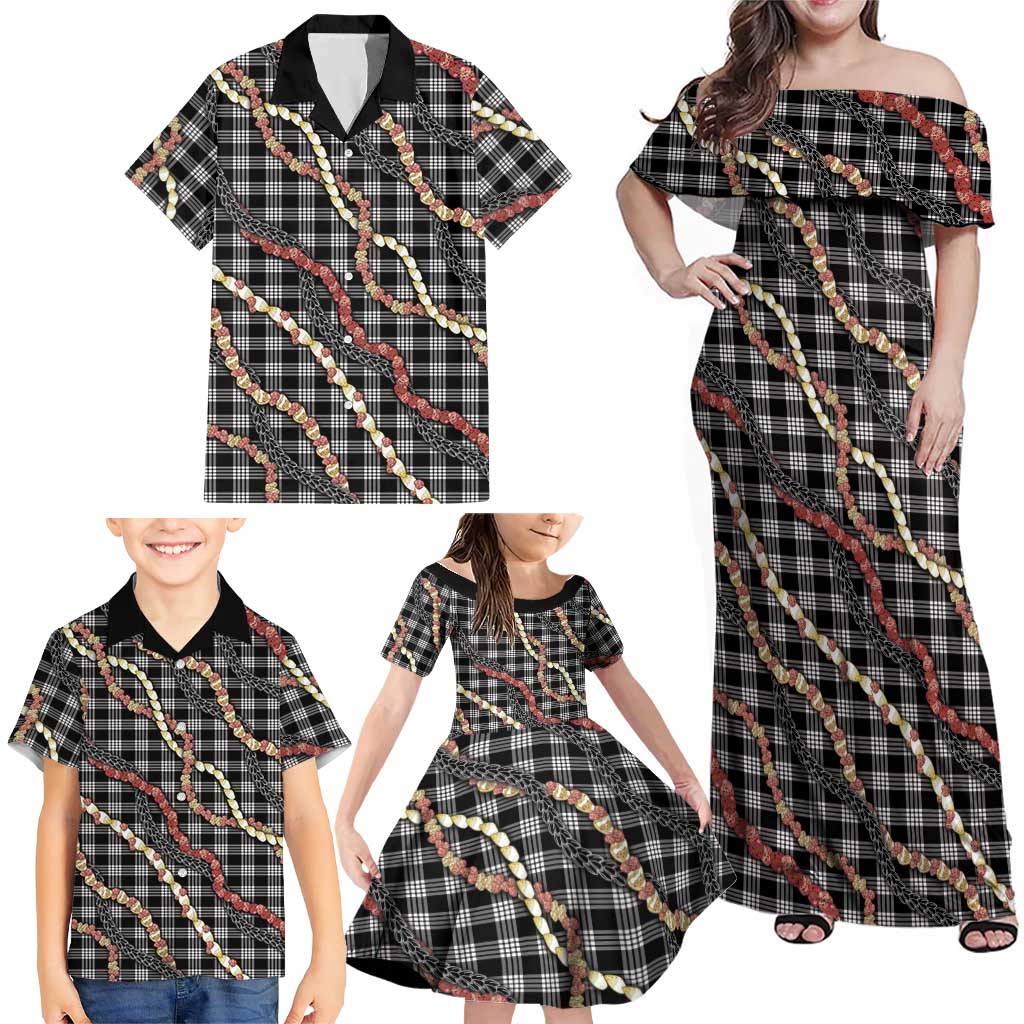Hawaii Palaka Niihau Shell Lei Family Matching Off Shoulder Maxi Dress and Hawaiian Shirt Tropical Island Plaid Patterns