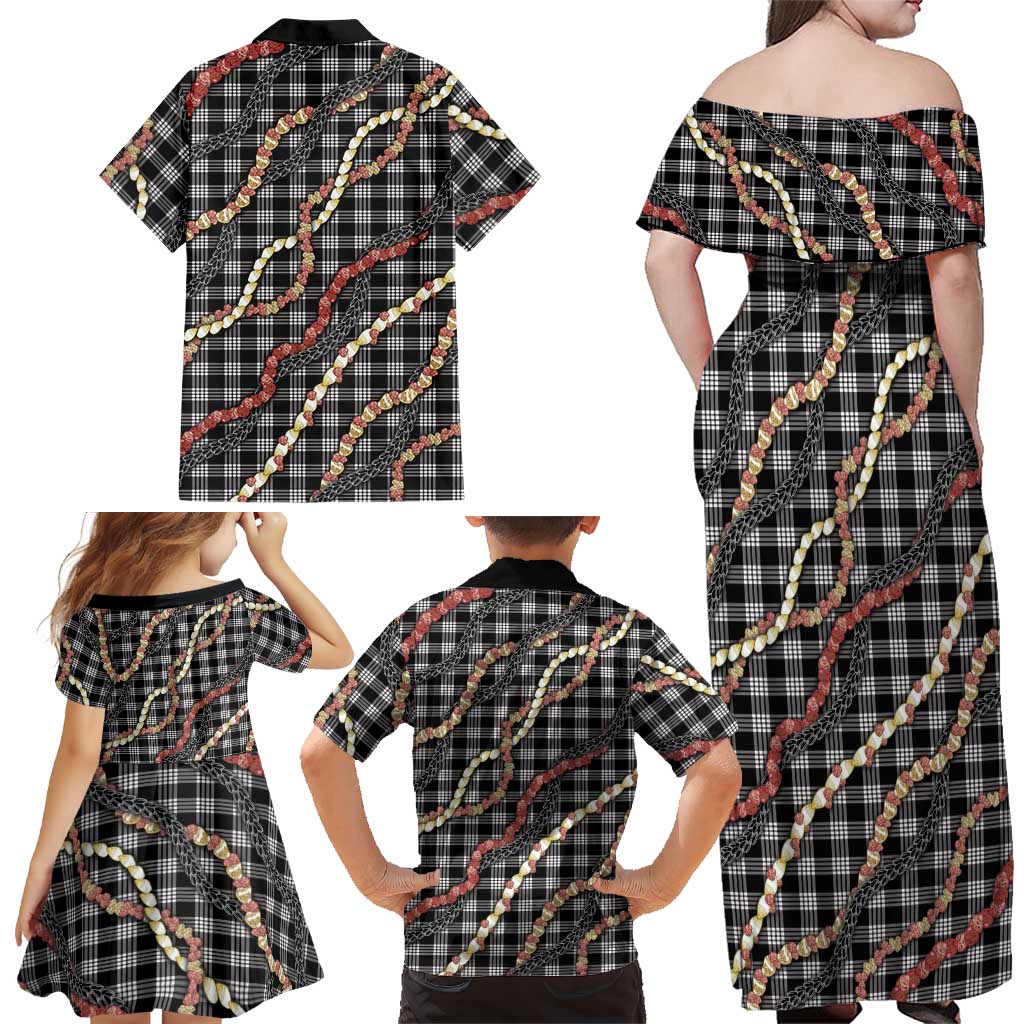 Hawaii Palaka Niihau Shell Lei Family Matching Off Shoulder Maxi Dress and Hawaiian Shirt Tropical Island Plaid Patterns