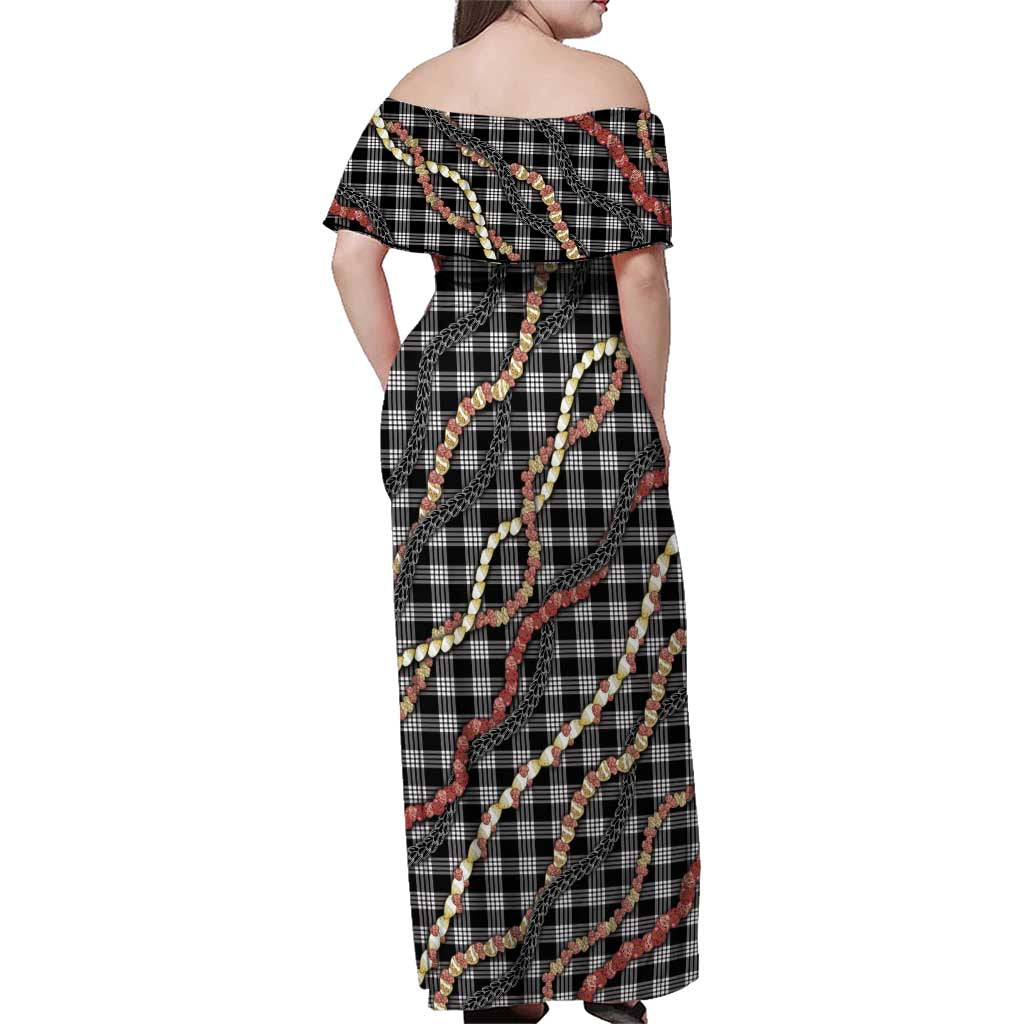 Hawaii Palaka Niihau Shell Lei Family Matching Off Shoulder Maxi Dress and Hawaiian Shirt Tropical Island Plaid Patterns