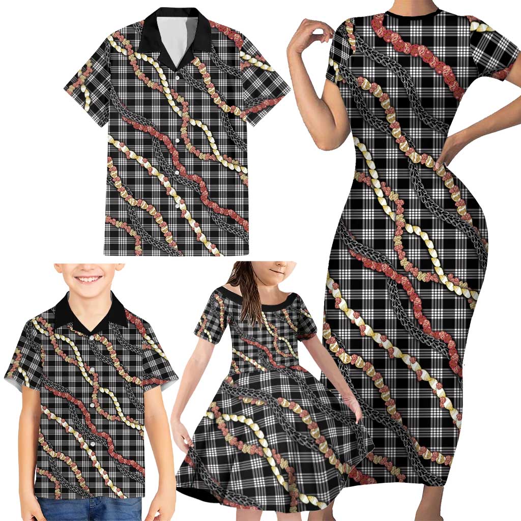 Hawaii Palaka Niihau Shell Lei Family Matching Short Sleeve Bodycon Dress and Hawaiian Shirt Tropical Island Plaid Patterns
