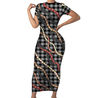 Hawaii Palaka Niihau Shell Lei Family Matching Short Sleeve Bodycon Dress and Hawaiian Shirt Tropical Island Plaid Patterns