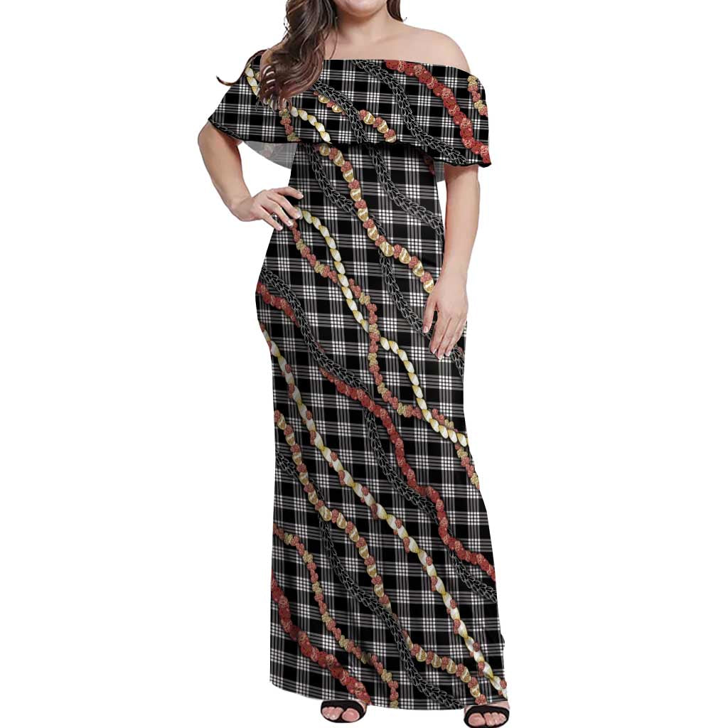 Hawaii Palaka Niihau Shell Lei Off Shoulder Maxi Dress Tropical Island Plaid Patterns
