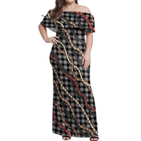 Hawaii Palaka Niihau Shell Lei Off Shoulder Maxi Dress Tropical Island Plaid Patterns