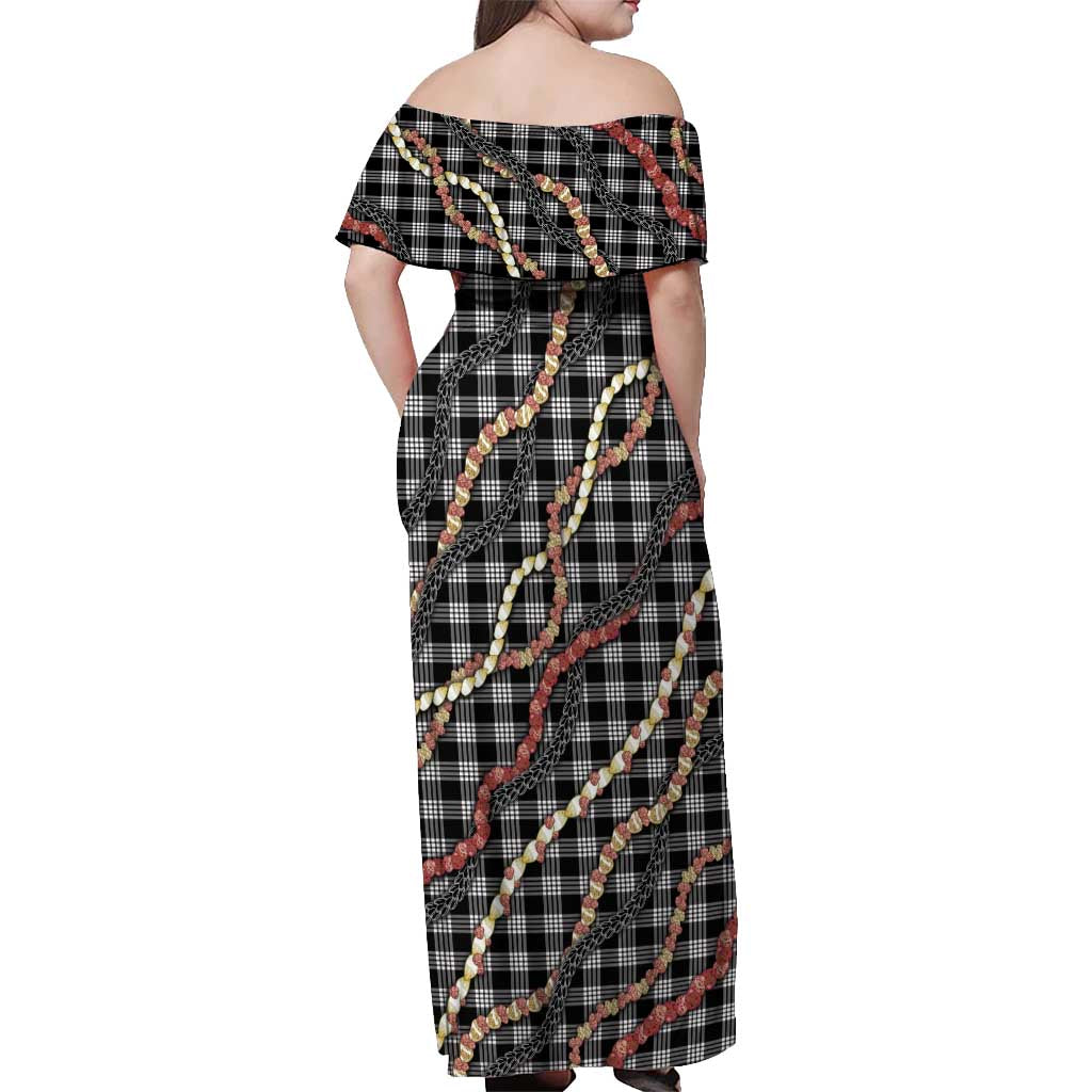 Hawaii Palaka Niihau Shell Lei Off Shoulder Maxi Dress Tropical Island Plaid Patterns