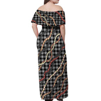 Hawaii Palaka Niihau Shell Lei Off Shoulder Maxi Dress Tropical Island Plaid Patterns