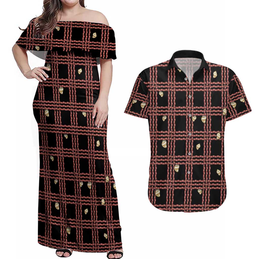 Hawaii Palaka Kahelelani Shell Lei Costume Couples Matching Off Shoulder Maxi Dress and Hawaiian Shirt Plaid Patterns DT05 Black - Polynesian Pride