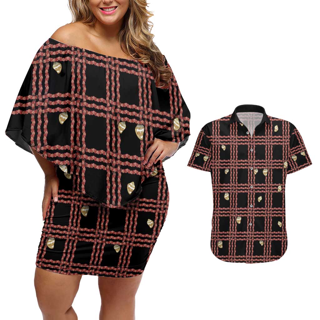 Hawaii Palaka Kahelelani Shell Lei Costume Couples Matching Off Shoulder Short Dress and Hawaiian Shirt Plaid Patterns DT05 Black - Polynesian Pride