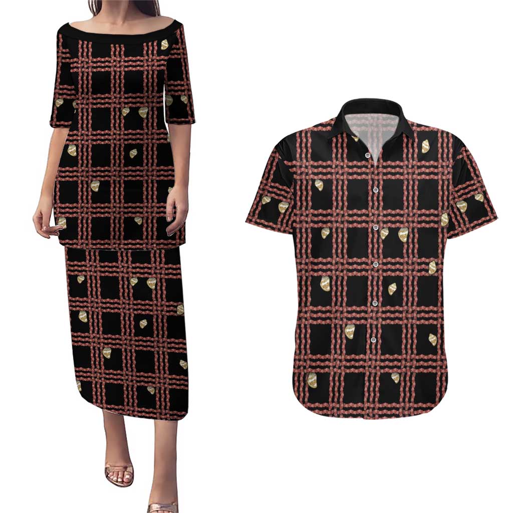 Hawaii Palaka Kahelelani Shell Lei Costume Couples Matching Puletasi and Hawaiian Shirt Plaid Patterns DT05 Black - Polynesian Pride