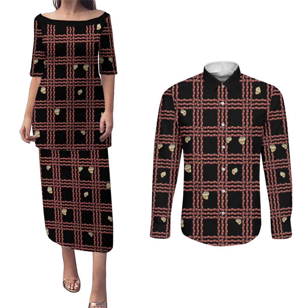 Hawaii Palaka Kahelelani Shell Lei Costume Couples Matching Puletasi and Long Sleeve Button Shirt Plaid Patterns