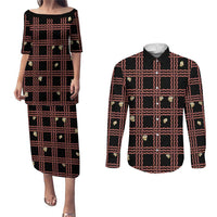 Hawaii Palaka Kahelelani Shell Lei Costume Couples Matching Puletasi and Long Sleeve Button Shirt Plaid Patterns