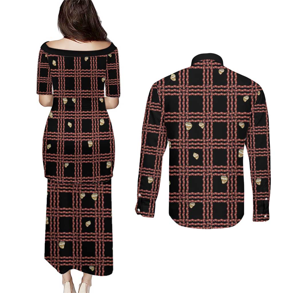 Hawaii Palaka Kahelelani Shell Lei Costume Couples Matching Puletasi and Long Sleeve Button Shirt Plaid Patterns