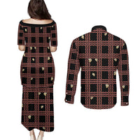 Hawaii Palaka Kahelelani Shell Lei Costume Couples Matching Puletasi and Long Sleeve Button Shirt Plaid Patterns