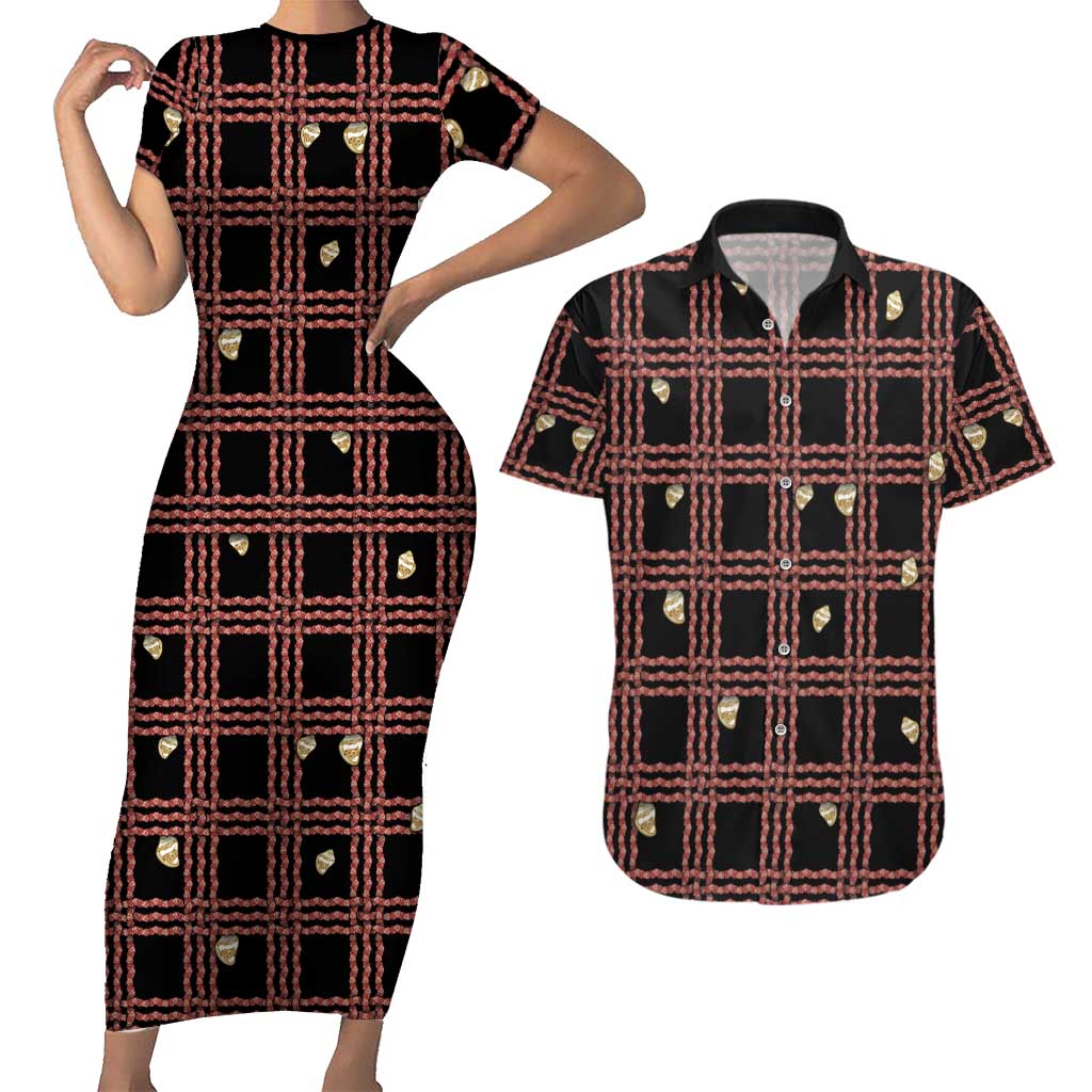 Hawaii Palaka Kahelelani Shell Lei Costume Couples Matching Short Sleeve Bodycon Dress and Hawaiian Shirt Plaid Patterns DT05 Black - Polynesian Pride
