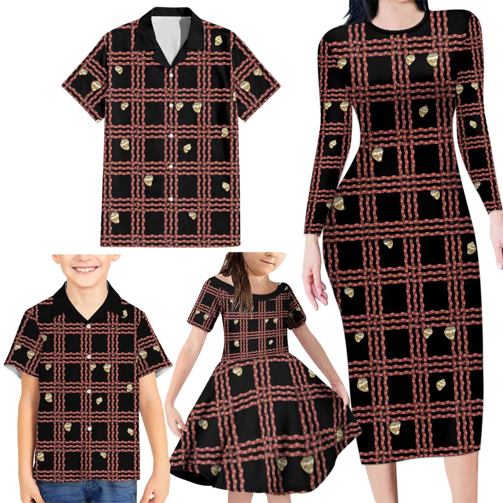 Hawaii Palaka Kahelelani Shell Lei Costume Family Matching Long Sleeve Bodycon Dress and Hawaiian Shirt Plaid Patterns