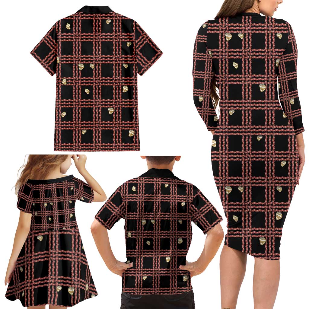 Hawaii Palaka Kahelelani Shell Lei Costume Family Matching Long Sleeve Bodycon Dress and Hawaiian Shirt Plaid Patterns