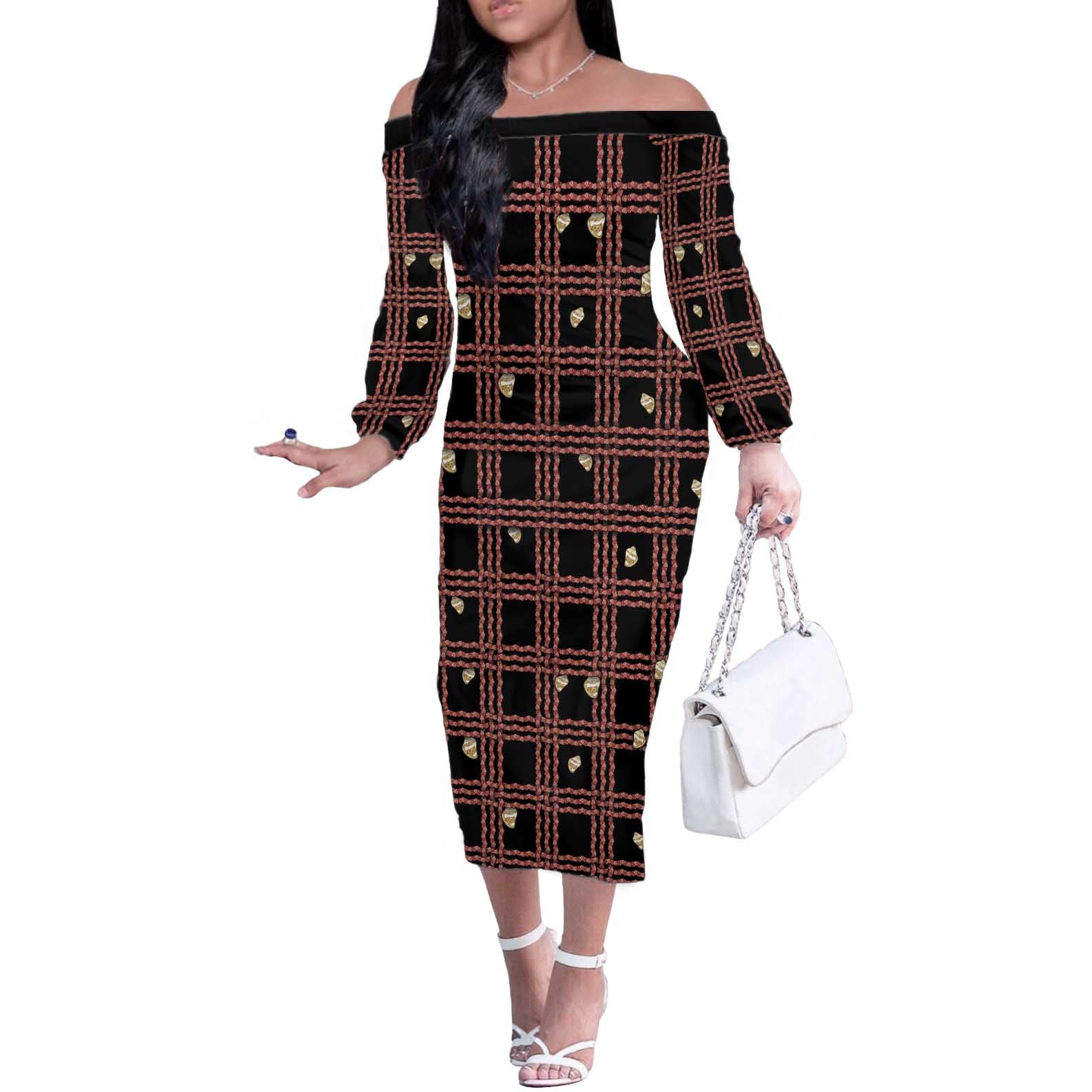 Hawaii Palaka Kahelelani Shell Lei Costume Off The Shoulder Long Sleeve Dress Plaid Patterns