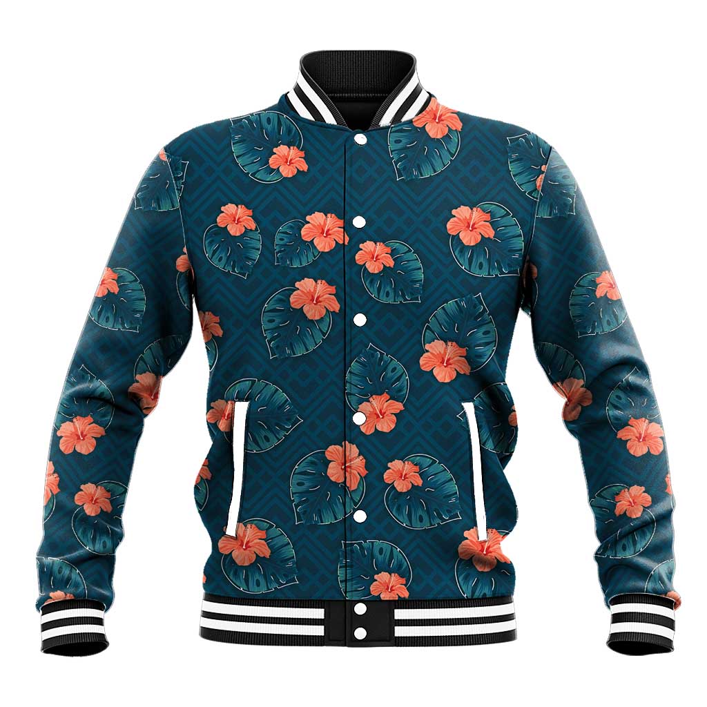 Hawaii Monstera Baseball Jacket Hibiscus Flowers Simple Style DT05 Unisex Dark Teal - Polynesian Pride