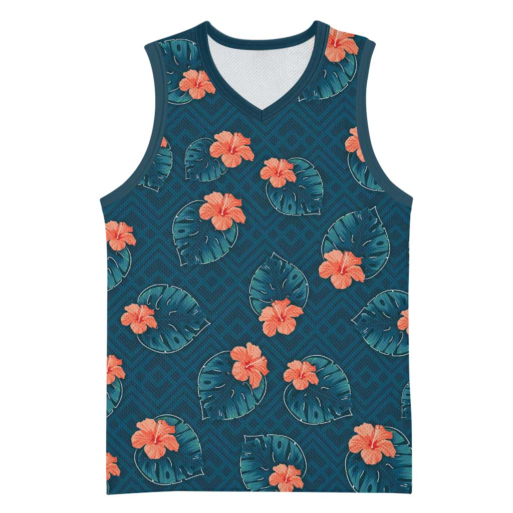 Hawaii Monstera Basketball Jersey Hibiscus Flowers Simple Style DT05 Unisex Dark Teal - Polynesian Pride