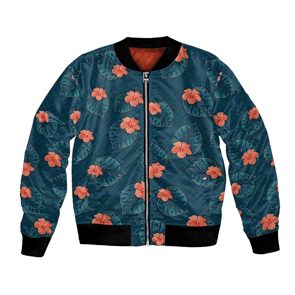 Hawaii Monstera Bomber Jacket Hibiscus Flowers Simple Style DT05 Unisex Dark Teal - Polynesian Pride