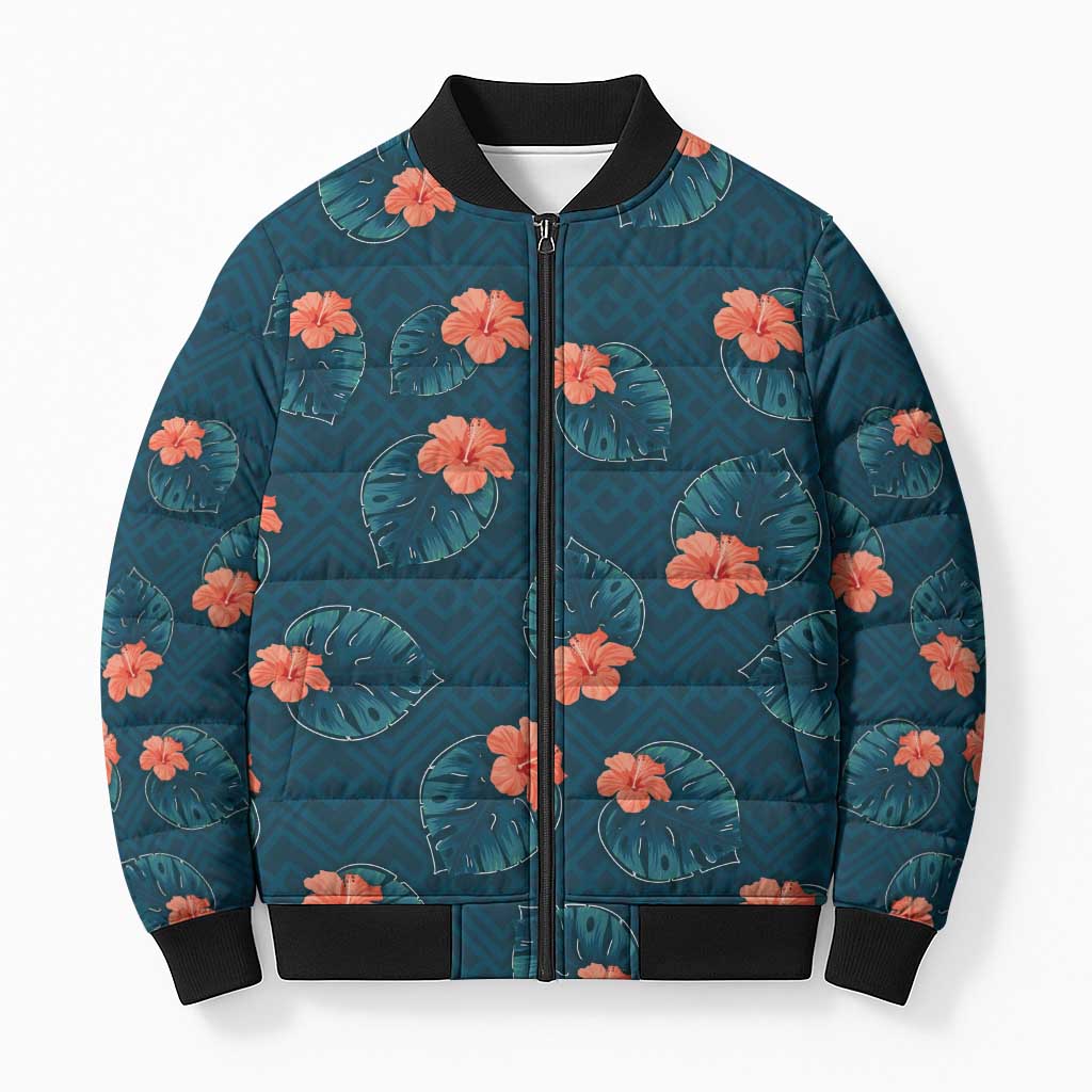 Hawaii Monstera Bomber Puffer Jacket Hibiscus Flowers Simple Style DT05 Unisex Dark Teal - Polynesian Pride