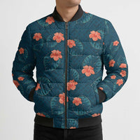 Hawaii Monstera Bomber Puffer Jacket Hibiscus Flowers Simple Style - Polynesian Pride