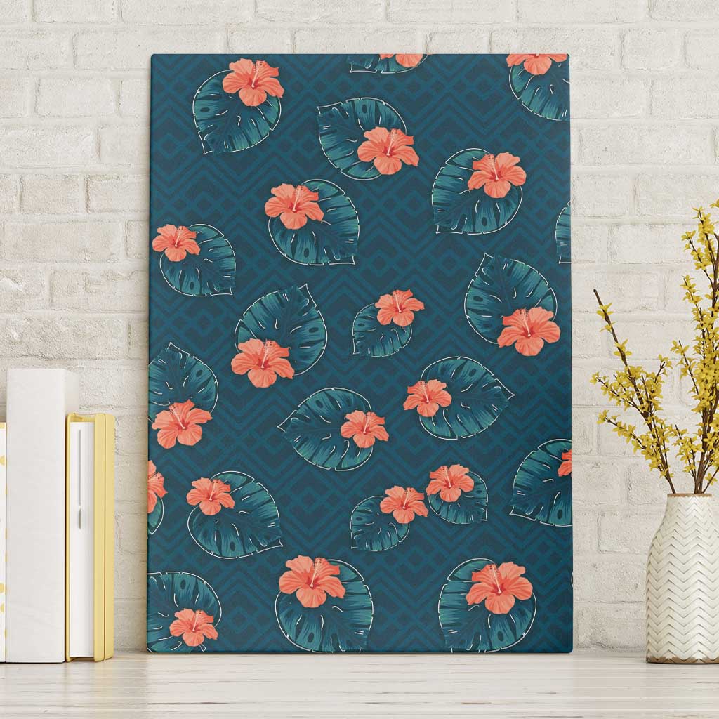 Hawaii Monstera Canvas Wall Art Hibiscus Flowers Simple Style DT05 Without Frame Dark Teal - Polynesian Pride