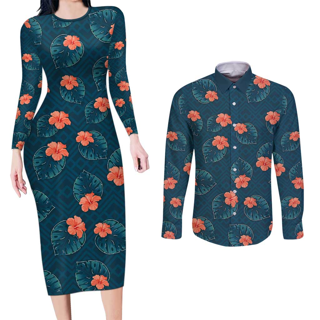Hawaii Monstera Couples Matching Long Sleeve Bodycon Dress and Long Sleeve Button Shirt Hibiscus Flowers Simple Style - Polynesian Pride