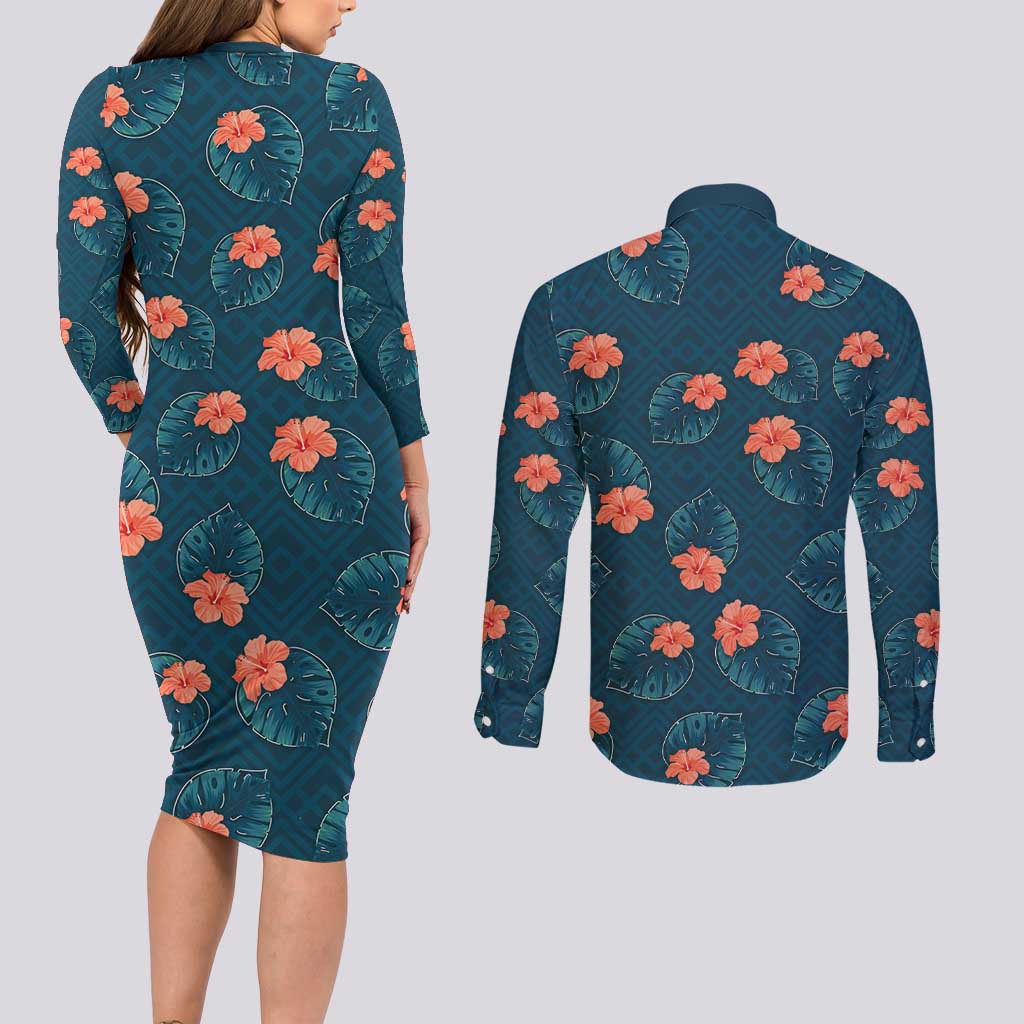 Hawaii Monstera Couples Matching Long Sleeve Bodycon Dress and Long Sleeve Button Shirt Hibiscus Flowers Simple Style - Polynesian Pride