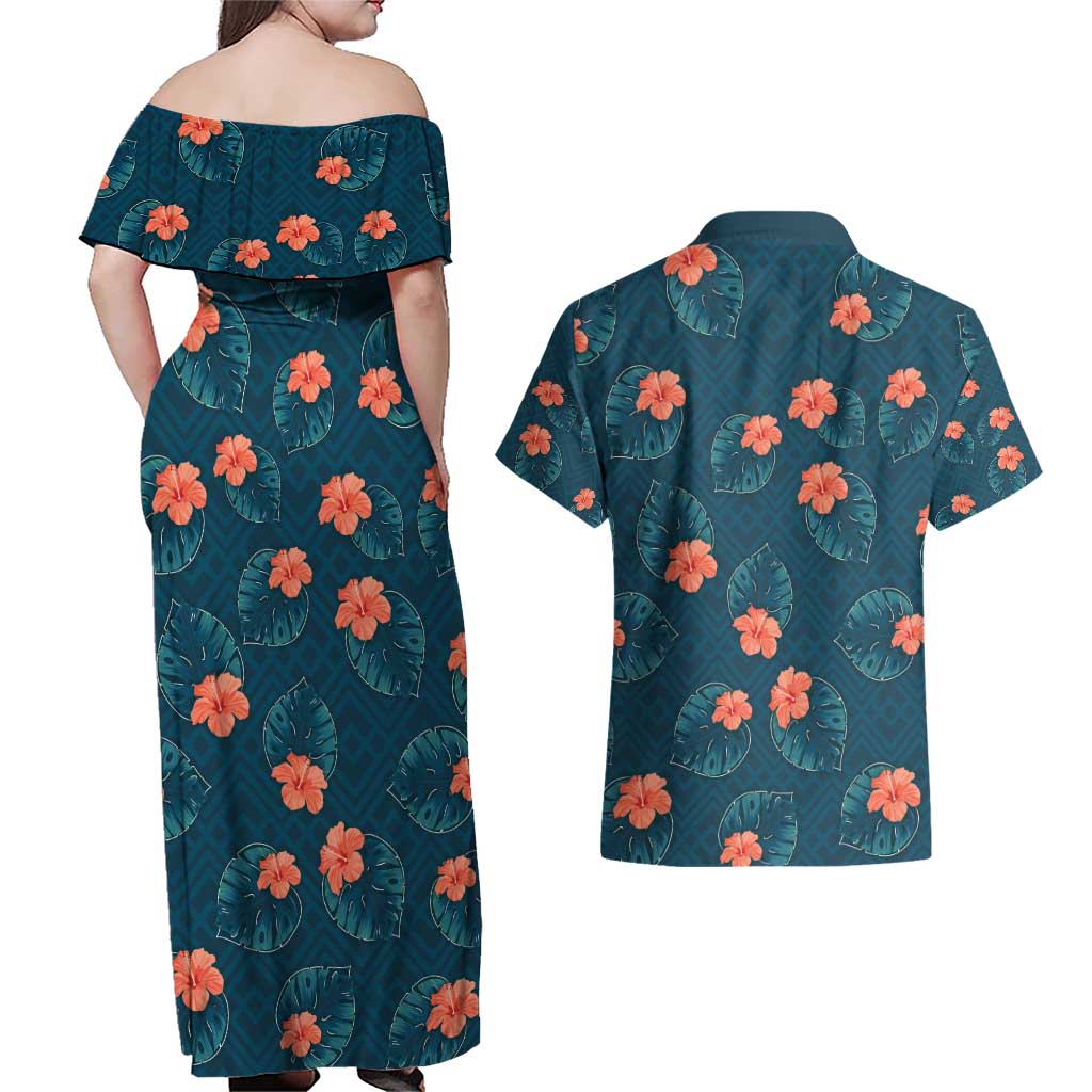 Hawaii Monstera Couples Matching Off Shoulder Maxi Dress and Hawaiian Shirt Hibiscus Flowers Simple Style - Polynesian Pride