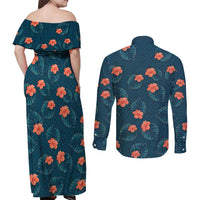 Hawaii Monstera Couples Matching Off Shoulder Maxi Dress and Long Sleeve Button Shirt Hibiscus Flowers Simple Style - Polynesian Pride