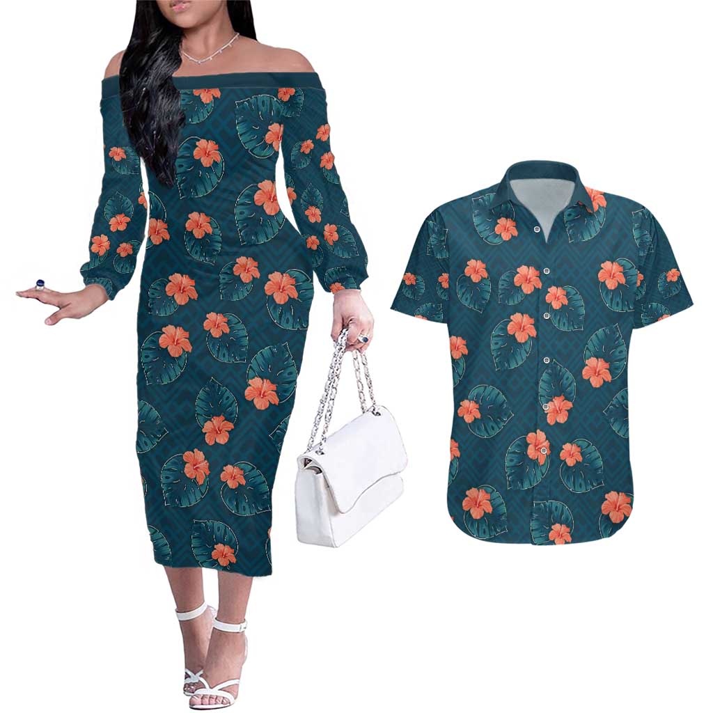 Hawaii Monstera Couples Matching Off The Shoulder Long Sleeve Dress and Hawaiian Shirt Hibiscus Flowers Simple Style - Polynesian Pride