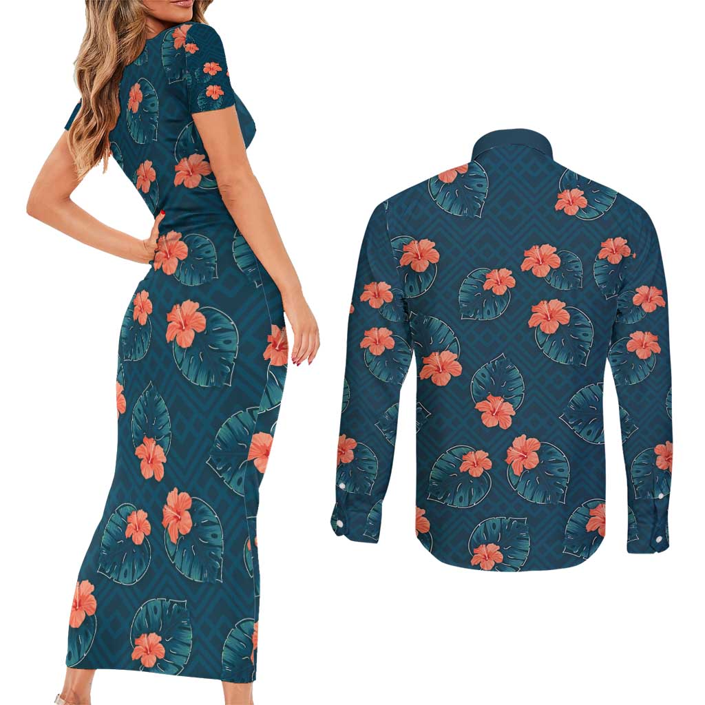 Hawaii Monstera Couples Matching Short Sleeve Bodycon Dress and Long Sleeve Button Shirt Hibiscus Flowers Simple Style - Polynesian Pride