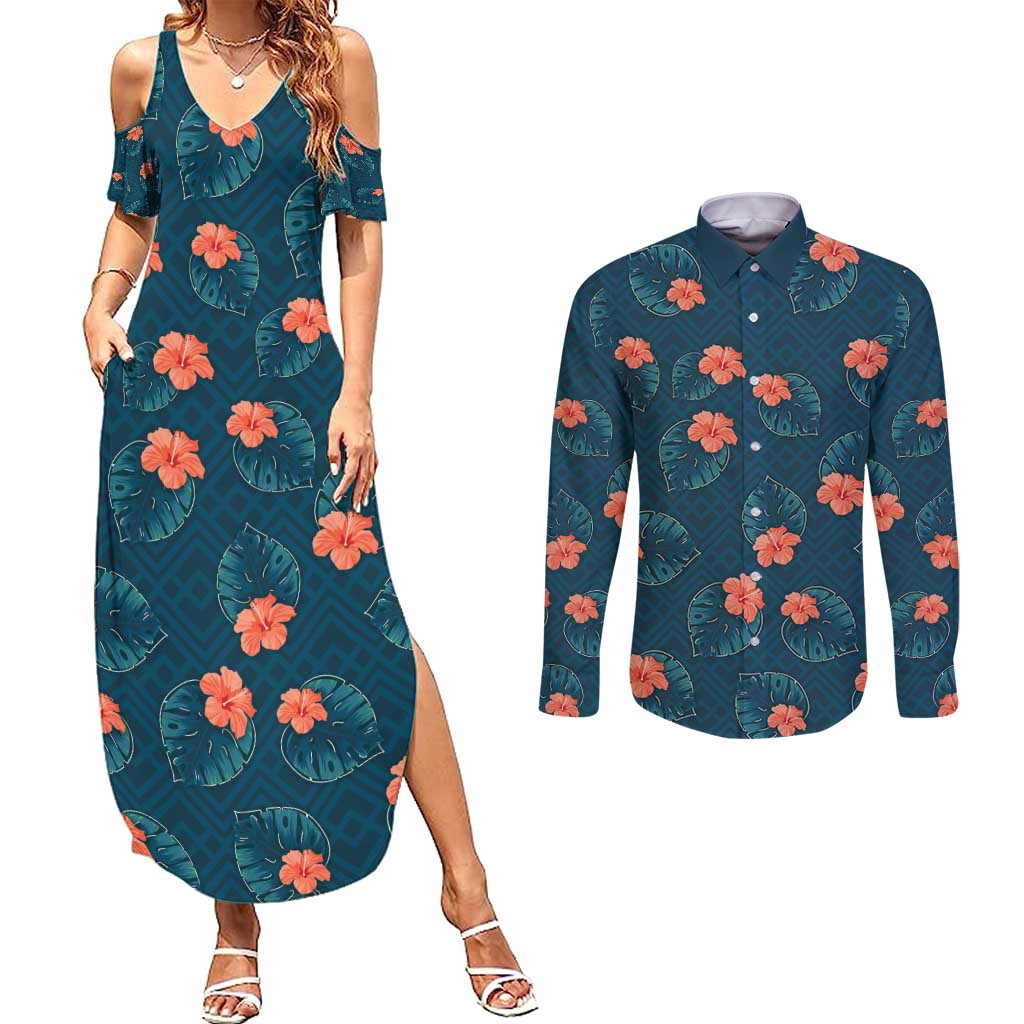 Hawaii Monstera Couples Matching Summer Maxi Dress and Long Sleeve Button Shirt Hibiscus Flowers Simple Style - Polynesian Pride