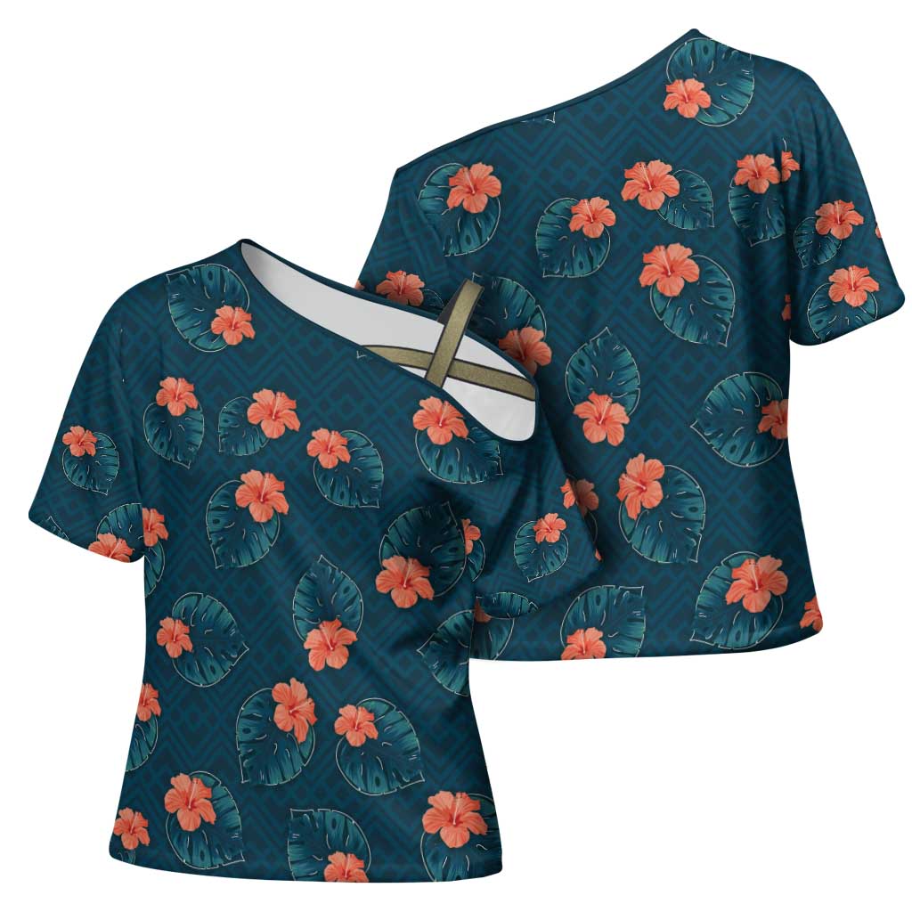 Hawaii Monstera Cross Shoulder Shirt Hibiscus Flowers Simple Style DT05 - Polynesian Pride