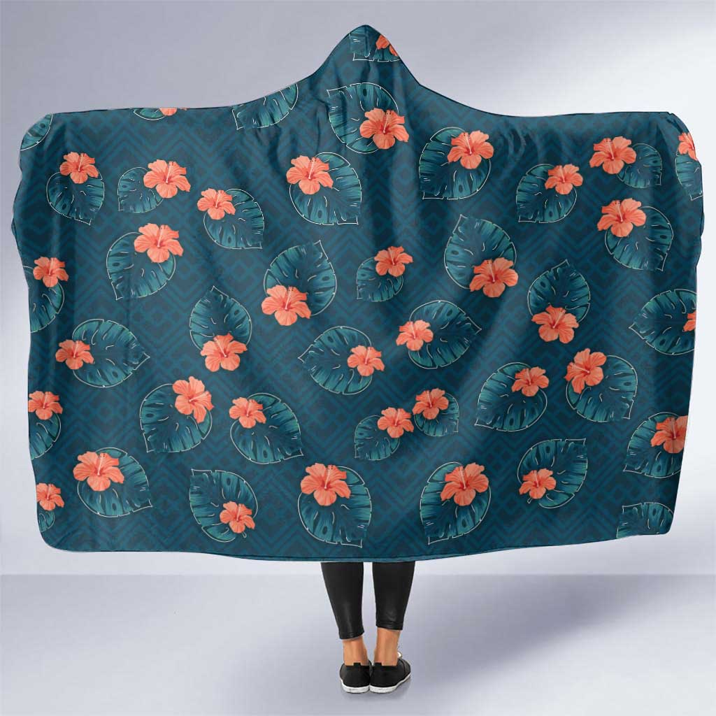 Hawaii Monstera Hooded Blanket Hibiscus Flowers Simple Style DT05 One Size Dark Teal - Polynesian Pride