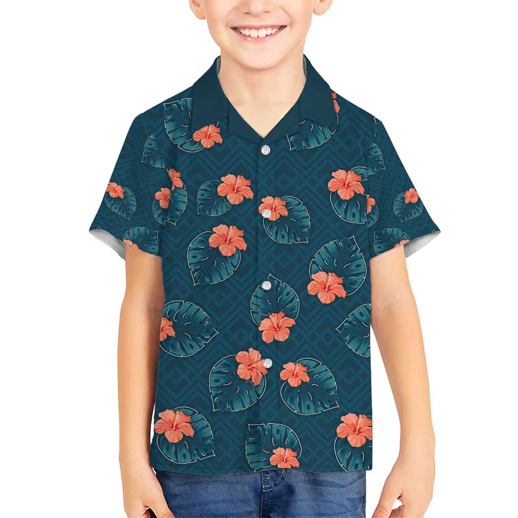 Hawaii Monstera Kid Hawaiian Shirt Hibiscus Flowers Simple Style DT05 Kid Dark Teal - Polynesian Pride