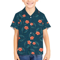 Hawaii Monstera Kid Hawaiian Shirt Hibiscus Flowers Simple Style DT05 Kid Dark Teal - Polynesian Pride