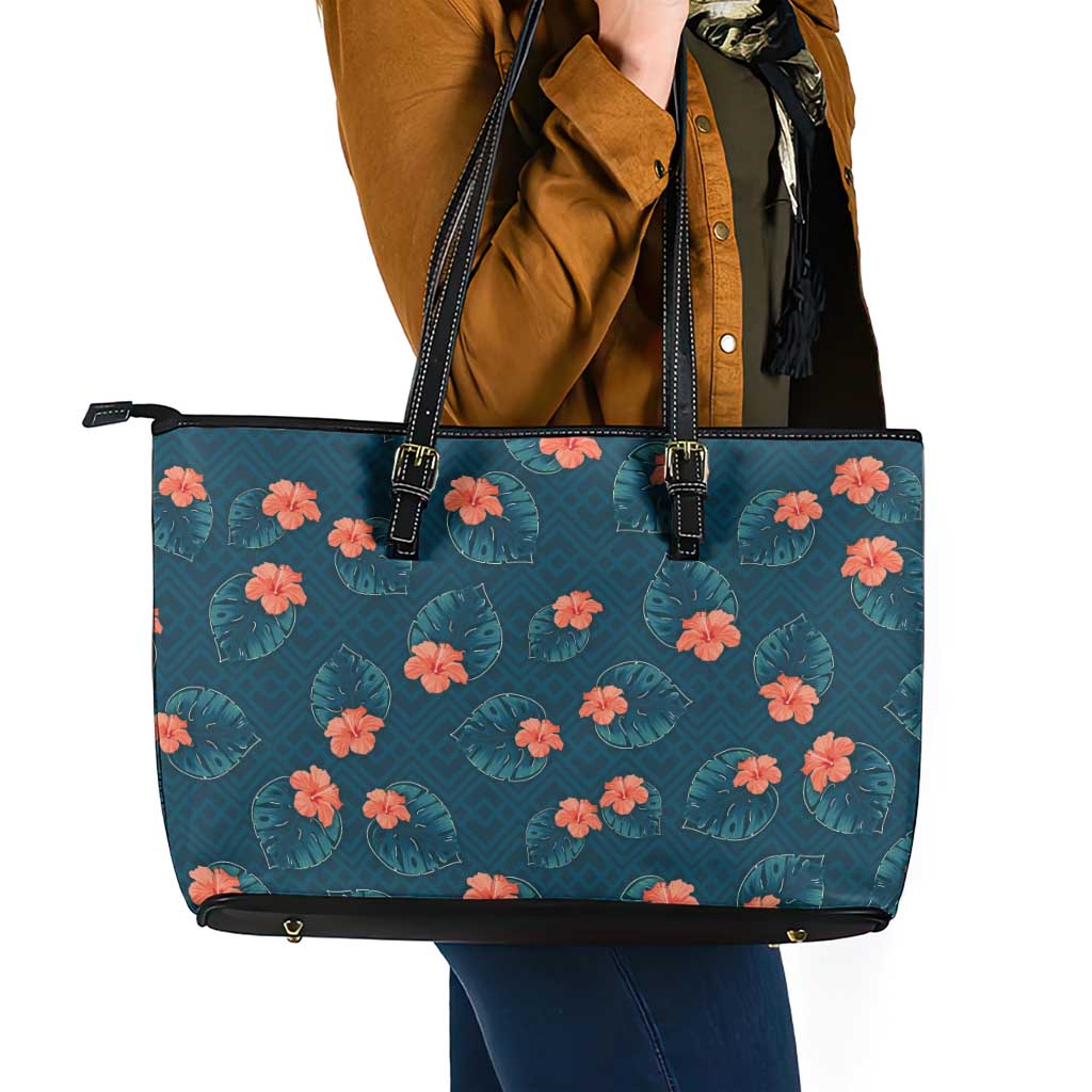 Hawaii Monstera Leather Tote Bag Hibiscus Flowers Simple Style DT05 - Polynesian Pride
