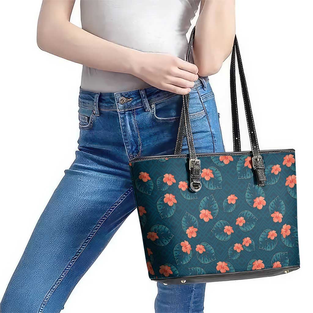 Hawaii Monstera Leather Tote Bag Hibiscus Flowers Simple Style DT05 - Polynesian Pride