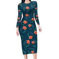 Hawaii Monstera Long Sleeve Bodycon Dress Hibiscus Flowers Simple Style - Polynesian Pride