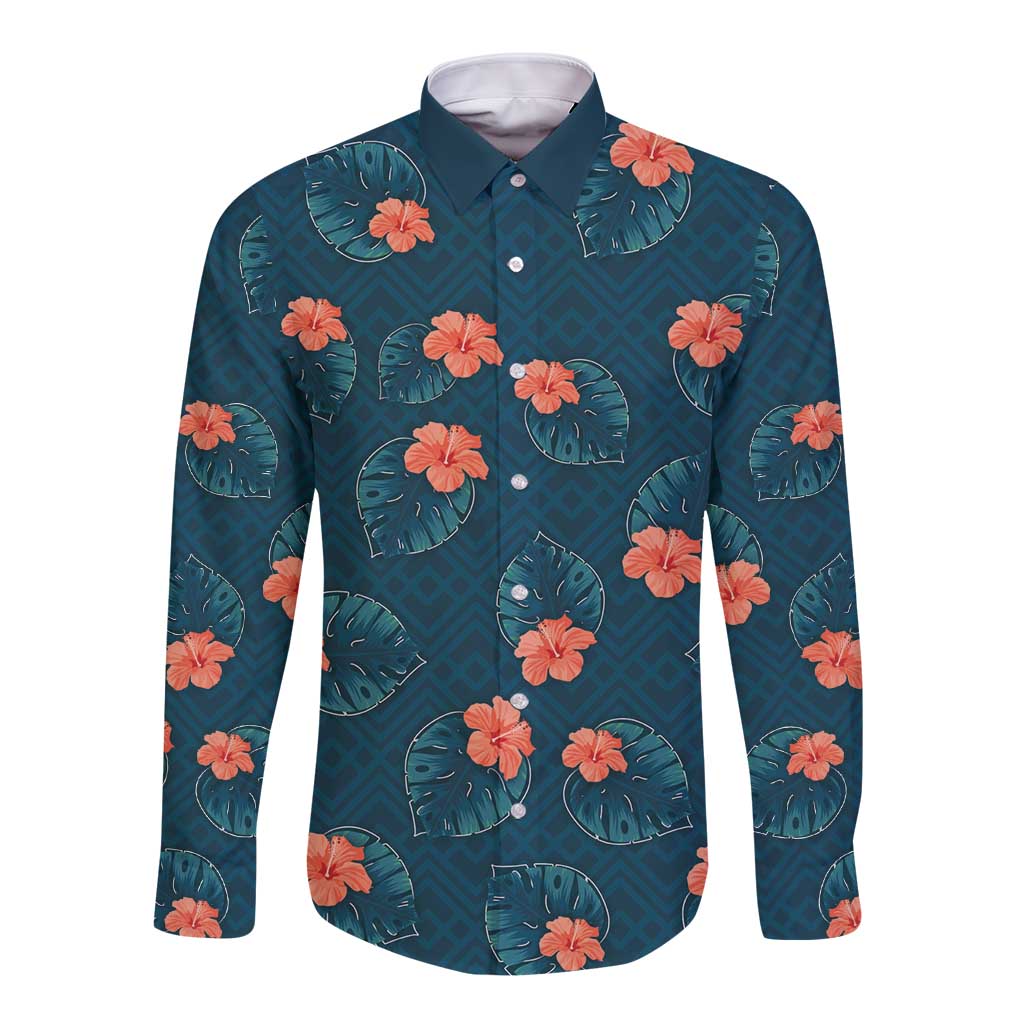 Hawaii Monstera Long Sleeve Button Shirt Hibiscus Flowers Simple Style DT05 Unisex Dark Teal - Polynesian Pride