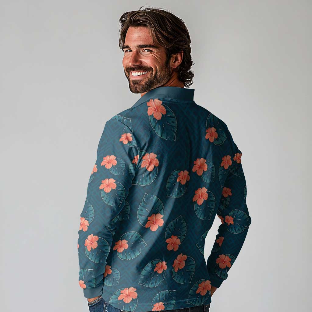 Hawaii Monstera Long Sleeve Polo Shirt Hibiscus Flowers Simple Style - Polynesian Pride