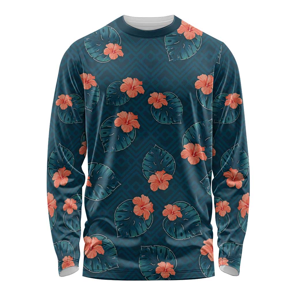 Hawaii Monstera Long Sleeve Shirt Hibiscus Flowers Simple Style DT05 Unisex Dark Teal - Polynesian Pride