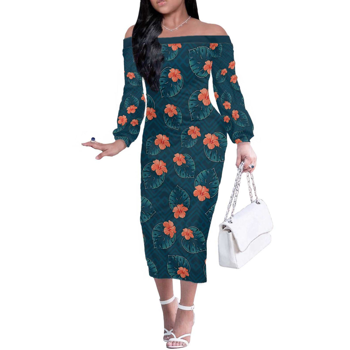 Hawaii Monstera Off The Shoulder Long Sleeve Dress Hibiscus Flowers Simple Style - Polynesian Pride