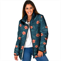 Hawaii Monstera Padded Jacket Hibiscus Flowers Simple Style DT05 Women Dark Teal - Polynesian Pride