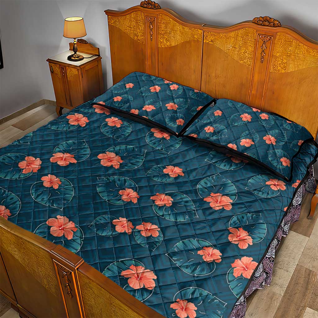 Hawaii Monstera Quilt Bed Set Hibiscus Flowers Simple Style - Polynesian Pride