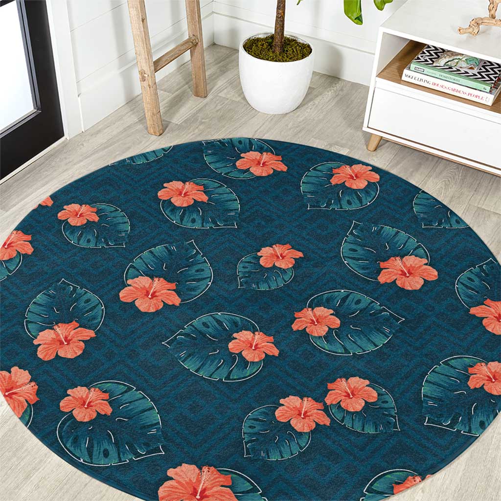 Hawaii Monstera Round Carpet Hibiscus Flowers Simple Style DT05 Dark Teal - Polynesian Pride
