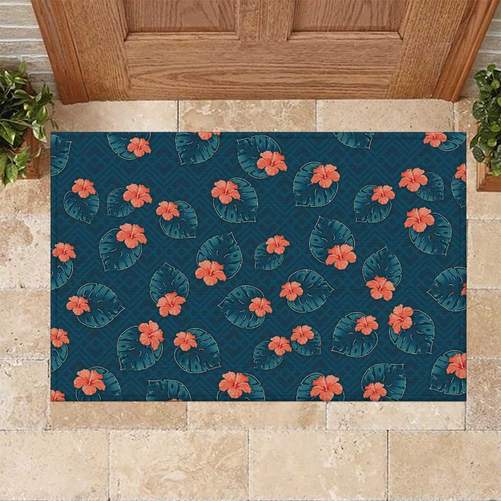 Hawaii Monstera Rubber Doormat Hibiscus Flowers Simple Style DT05 Dark Teal - Polynesian Pride