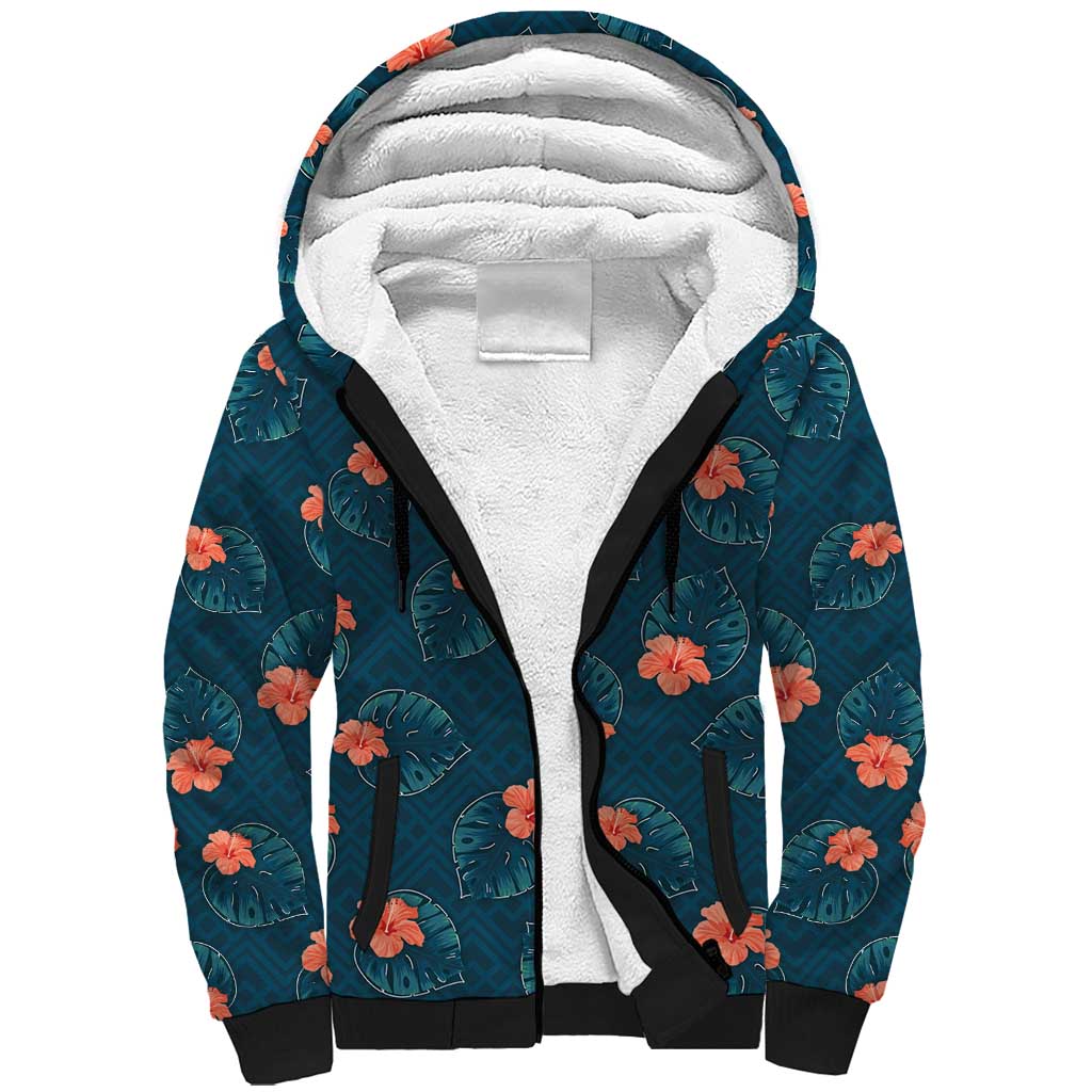 Hawaii Monstera Sherpa Hoodie Hibiscus Flowers Simple Style DT05 Unisex Dark Teal - Polynesian Pride