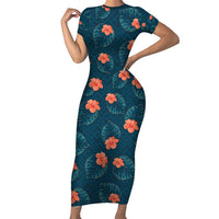 Hawaii Monstera Short Sleeve Bodycon Dress Hibiscus Flowers Simple Style - Polynesian Pride